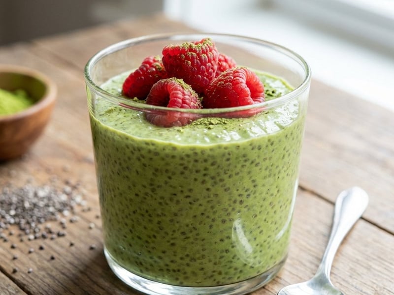 Budincă de chia cu matcha și zmeură