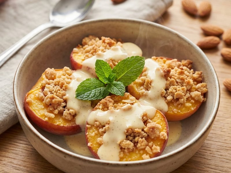 Baked Peaches with Almond Crumble and Vanilla Sauce