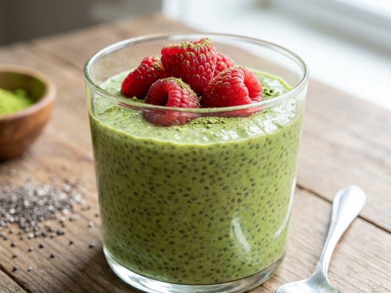 Budincă de chia cu matcha și zmeură