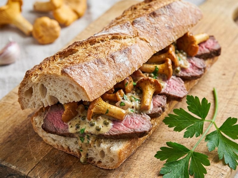 Sandviș cu friptură Rib Eye și gălbiori
