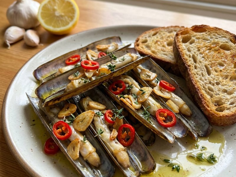 Razor clams baked with garlic and chili