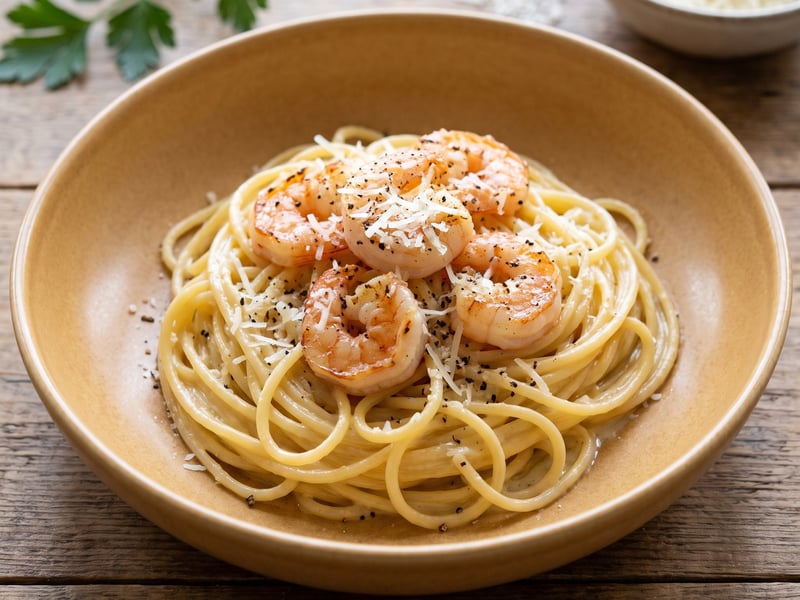 Pasta with Pecorino and shrimp