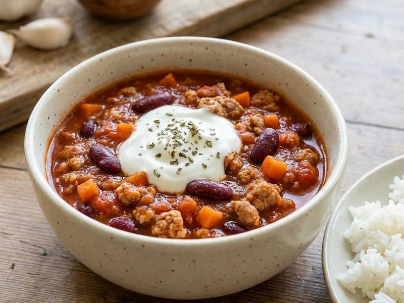 Turkey chili with red kidney beans and rice