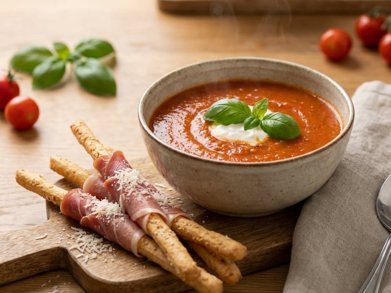 Roasted Tomato Soup with Grissini and Prosciutto