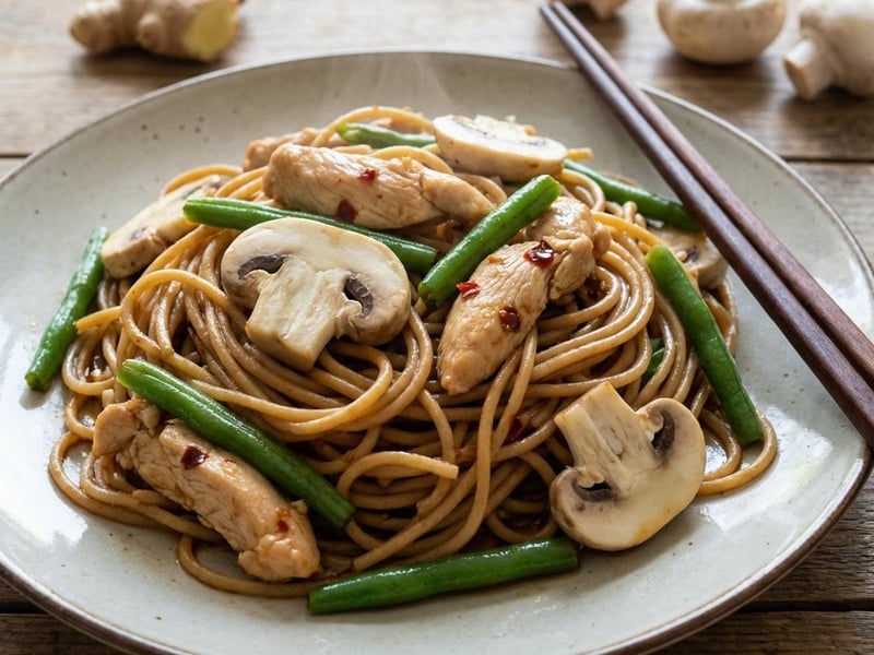 Chow mein cu pui și spaghete integrale