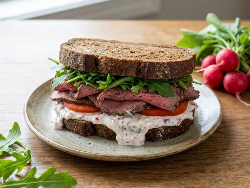Sandviș cu roast beef și sos de ridichi