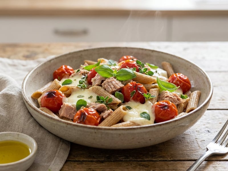 Pasta with tuna, tomatoes and mozzarella