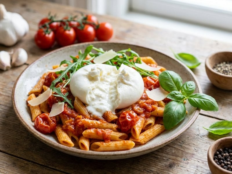 Penne proaspete pomodoro cu burrata