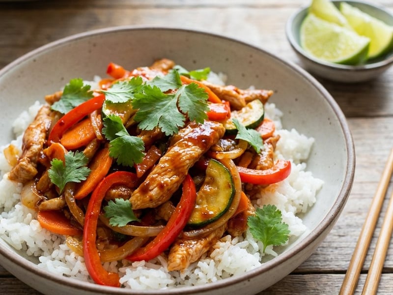 Fâșii de curcan picante cu sos sriracha și legume