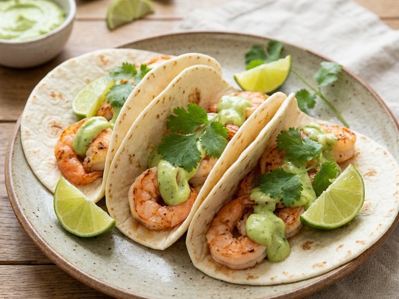 Tacos cu creveți și sos cremos de avocado
