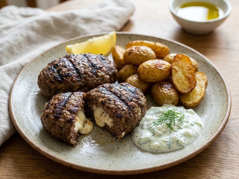 Greek bifteki stuffed with feta