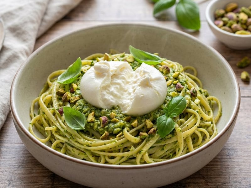 Linguine with zucchini pesto and burrata