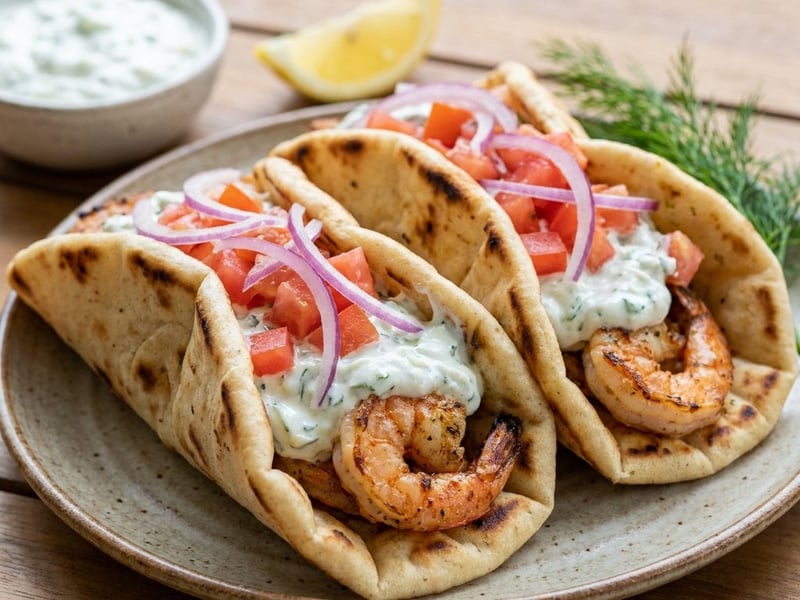 Gyros cu creveți la grătar și sos tzatziki