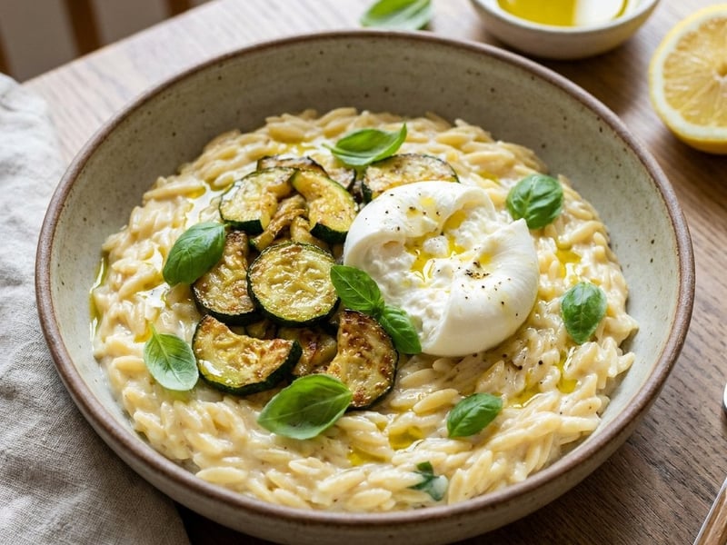 Lemon Orzo with Sautéed Zucchini and Burrata | Quick Lunch