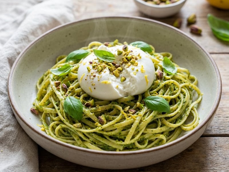 Linguine cu pesto de fistic și burrata | Cină rapidă de vară
