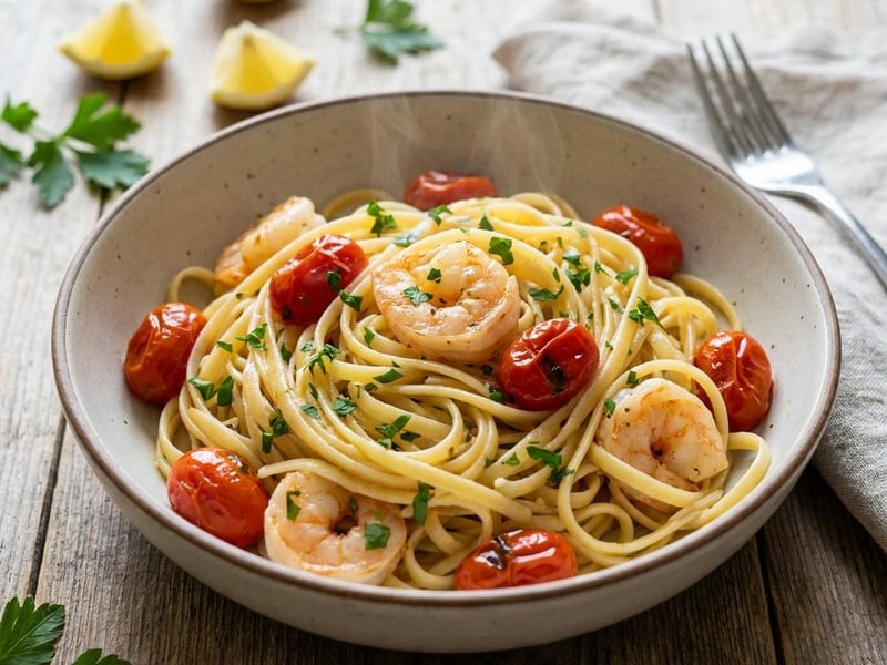 Linguine cu creveți, lămâie și unt cu usturoi | Cină rapidă
