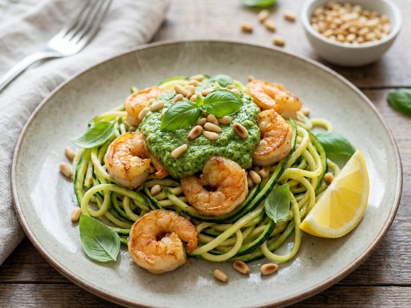 Tăiței din dovlecel cu creveți și pesto de avocado