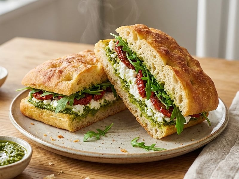 Focaccia with pesto, cottage cheese and tomatoes | Quick dinner