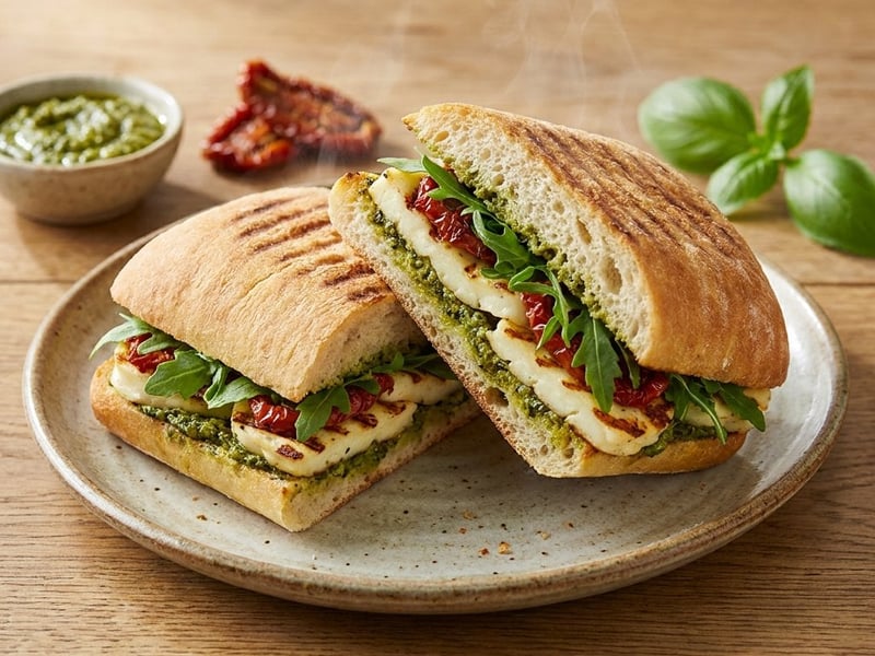 Halloumi, pesto and sun-dried tomato panini | Quick snack