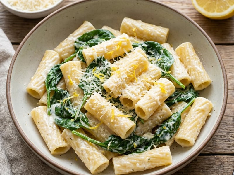 Rigatoni cu ricotta, spanac și lămâie | Cină rapidă