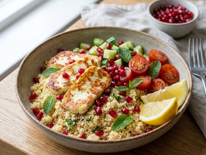 Mediterranean couscous bowl with halloumi and pomegranate
