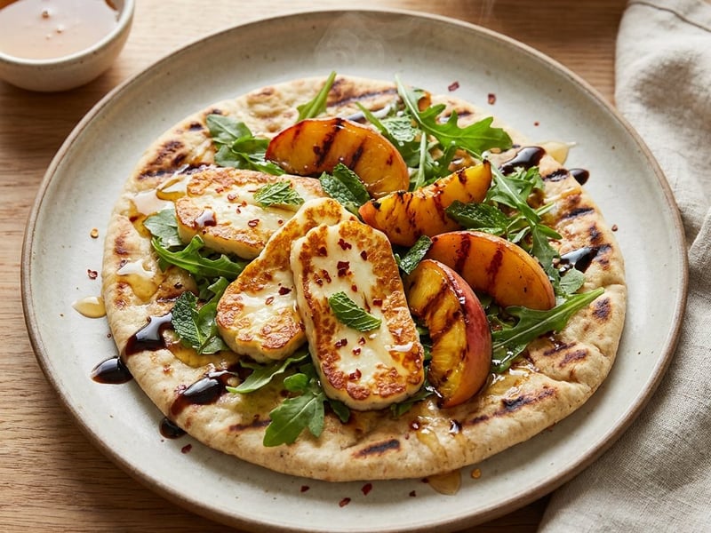 Flatbread cu halloumi și piersici | Street food de vară