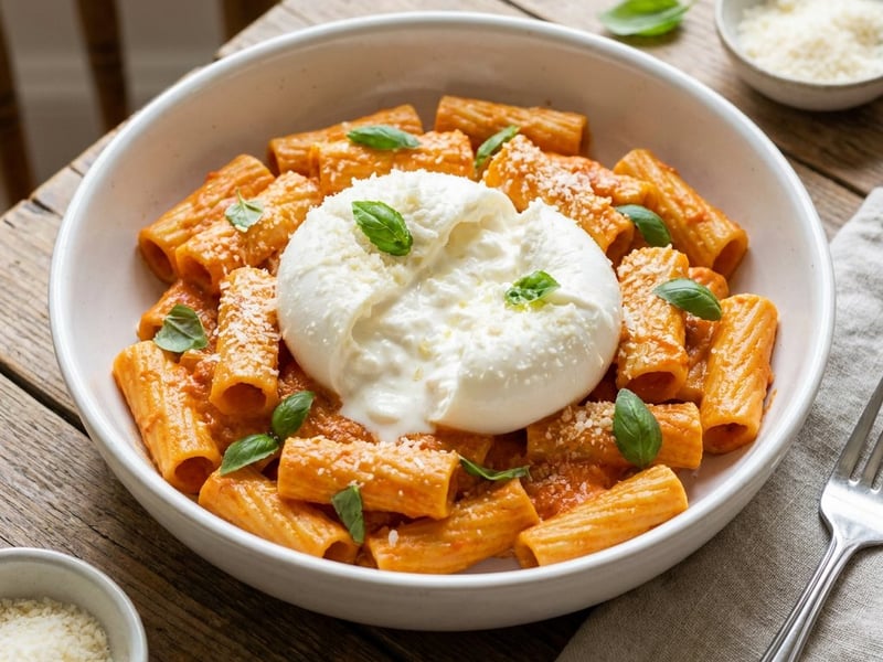 Rigatoni with roasted pepper sauce and burrata | Quick dinner