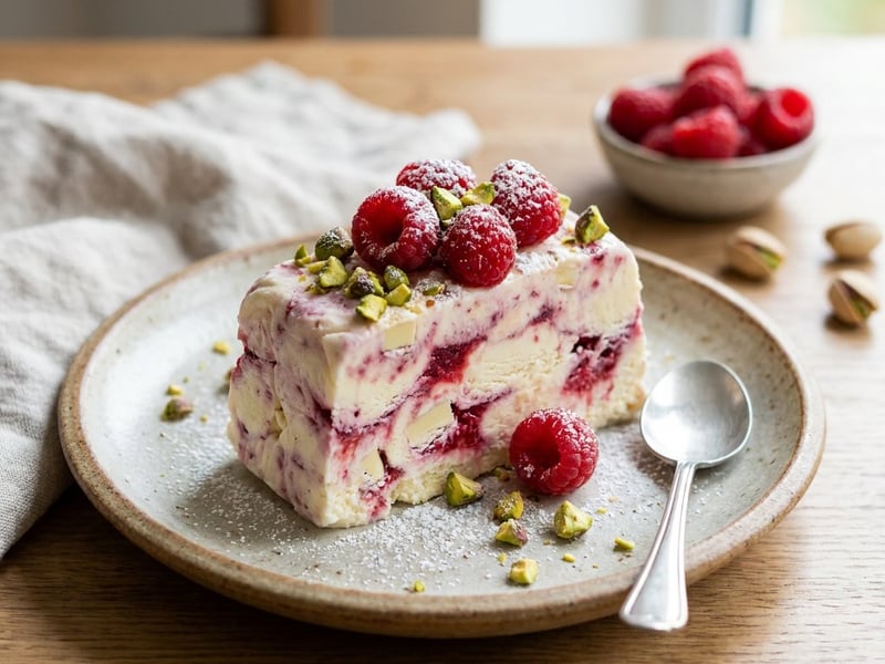 Semifreddo cu zmeură și ciocolată albă | Desert răcoritor de vară