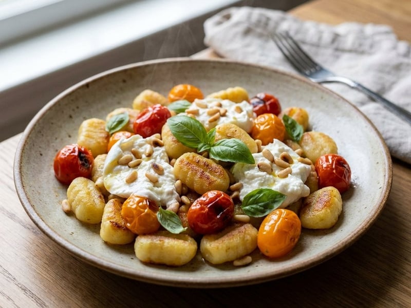 Gnocchi la tigaie cu roșii cherry și burrata | Cină rapidă