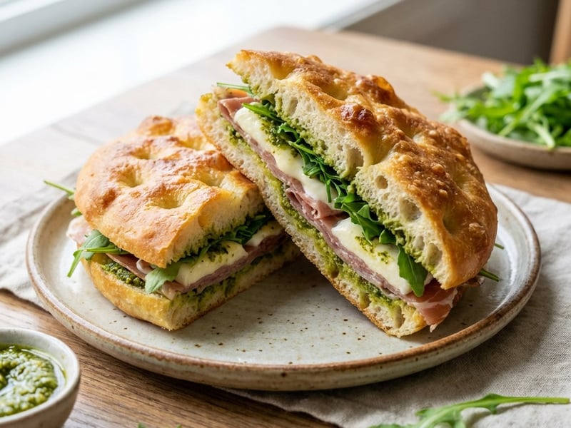 Focaccia cu mortadella, burrata și pesto de fistic