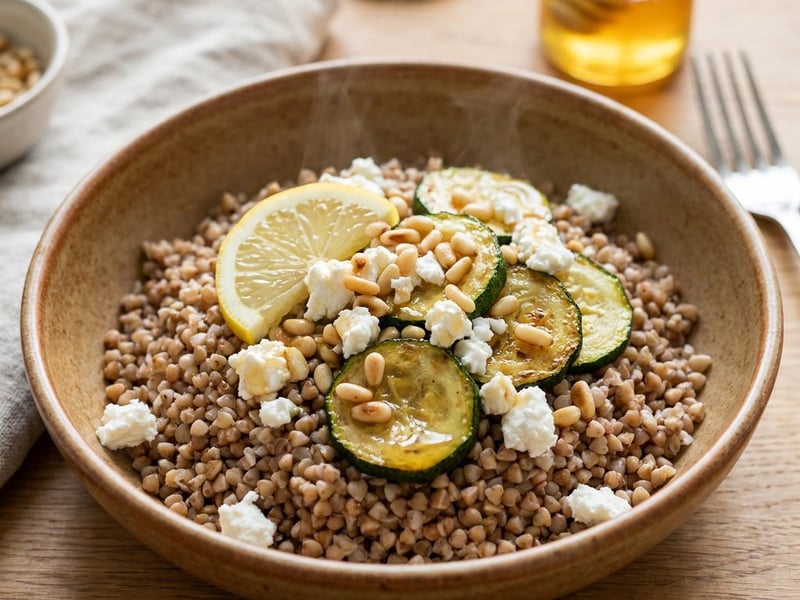 Warm buckwheat salad with zucchini and goat cheese
