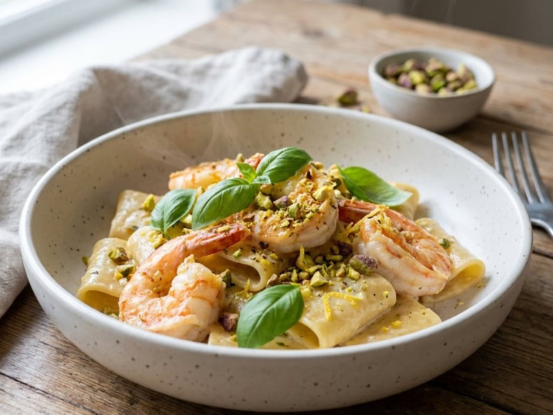 Paste Paccheri cu creveți și pesto de fistic | Cină rapidă de vară