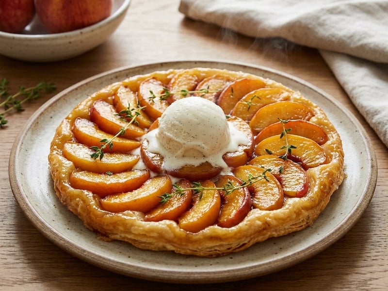 Tarte Tatin cu piersici și cimbru proaspăt