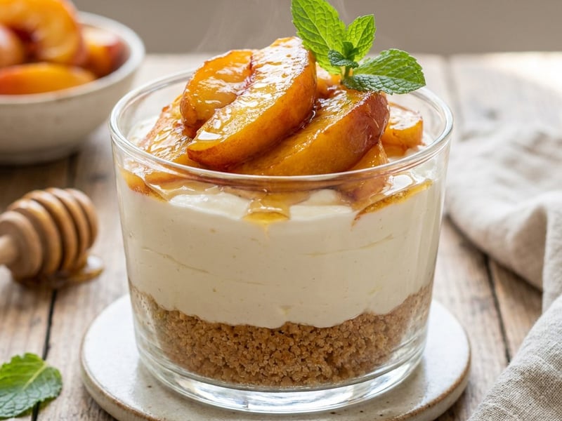 Cheesecake in a glass with caramelized peaches | Quick dessert