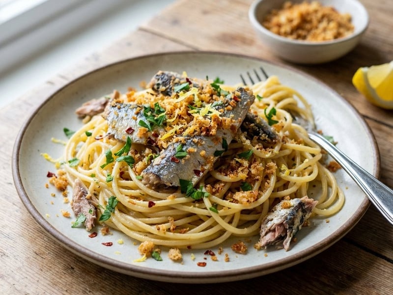 Spaghete cu sardine, lămâie și pesmet rumenit | Prânz rapid de vară