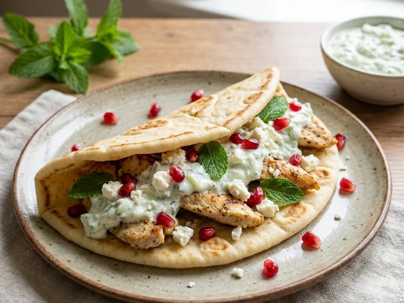 Lipie grecească cu pui, tzatziki și rodie | Street Food