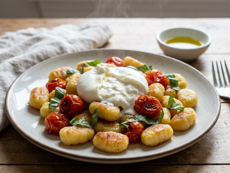Gnocchi crocanți la tigaie cu roșii cherry și burrata | Cină rapidă