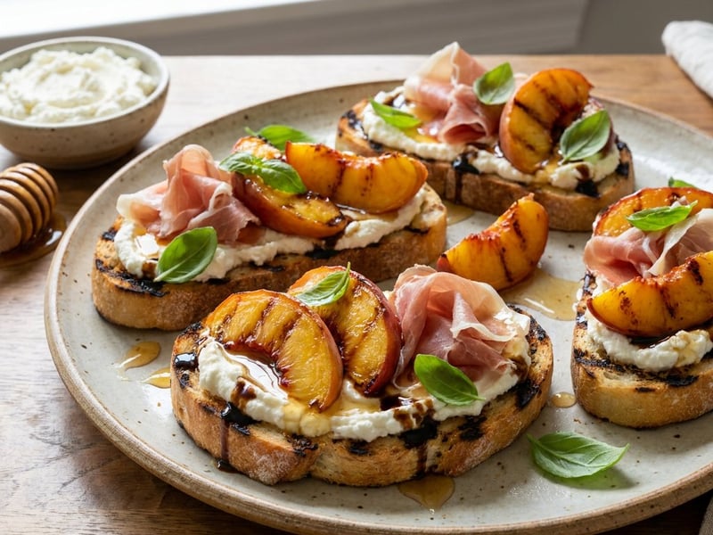 Bruschete cu ricotta, piersici și prosciutto | Aperitiv rapid