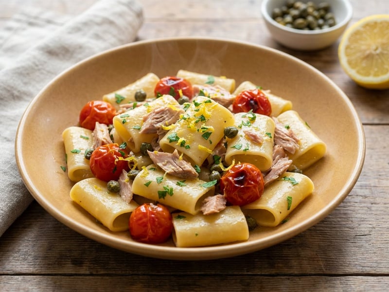 Paccheri cu ton, roșii cherry și lămâie | Cină rapidă mediteraneană