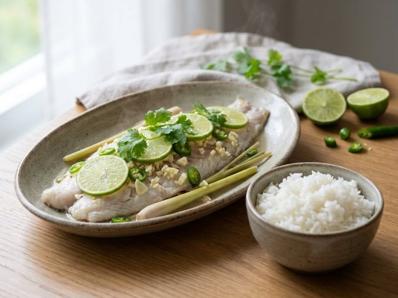 Pește alb la abur în stil thailandez | Aromă proaspătă