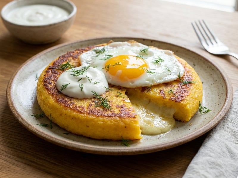 Bulz la tigaie cu brânză și ou ochi | Brunch românesc
