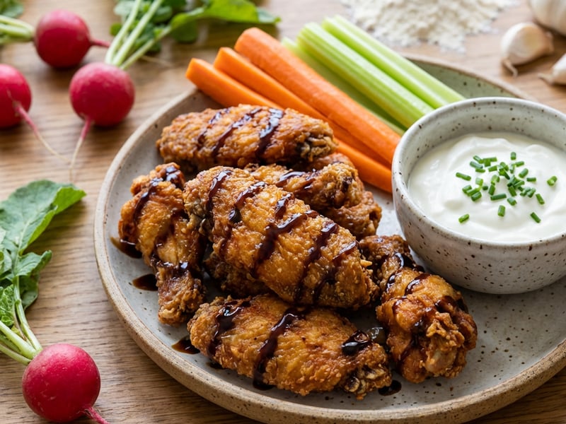 Fried chicken wings with crudités and sour cream