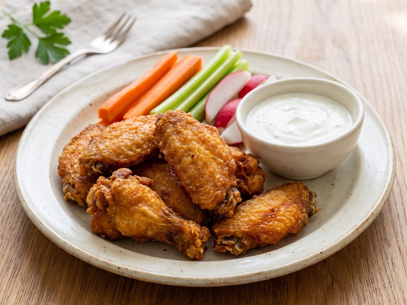 Fried chicken wings with crudités and sour cream