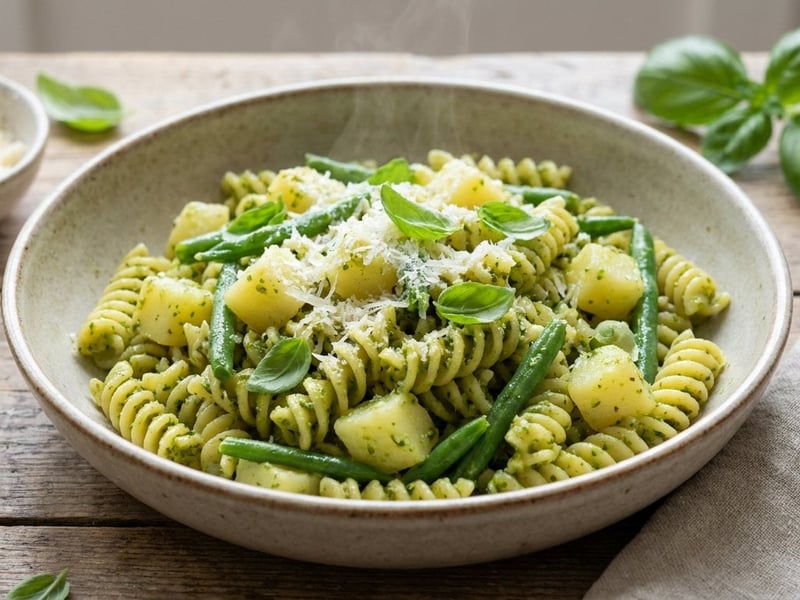 Fusilli alla Genovese cu cartofi și fasole verde
