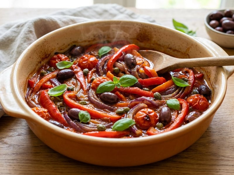 Baked peperonata with olives and capers | Italian flavor