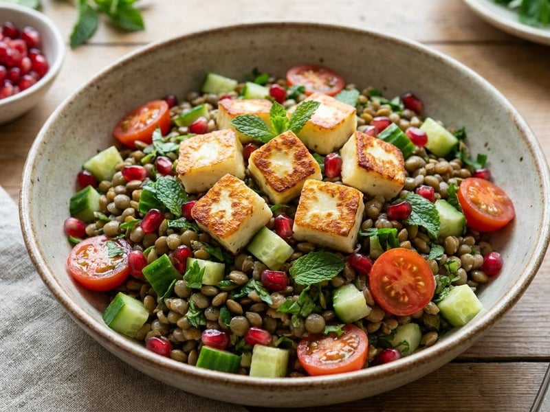 Salată de linte cu halloumi la grătar | Prânz oriental