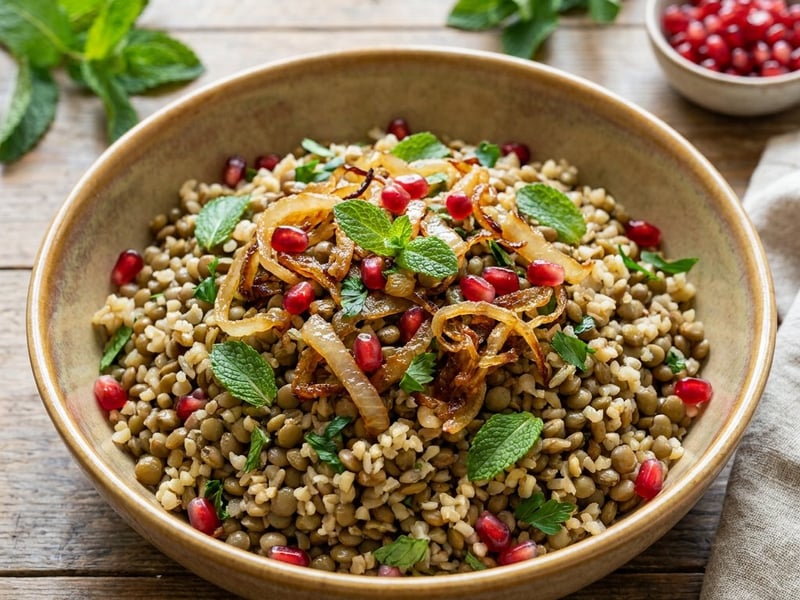 Salată Mujadara de linte cu ceapă crocantă | Prânz oriental
