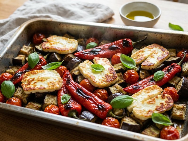Mediterranean baked eggplant and pepper tray with halloumi