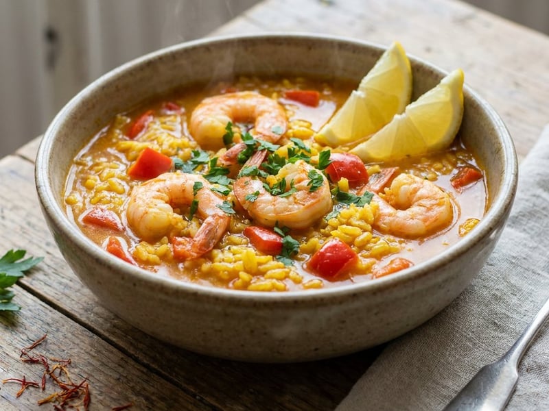 Arroz caldoso with shrimp | Juicy Spanish brothy rice in a pot