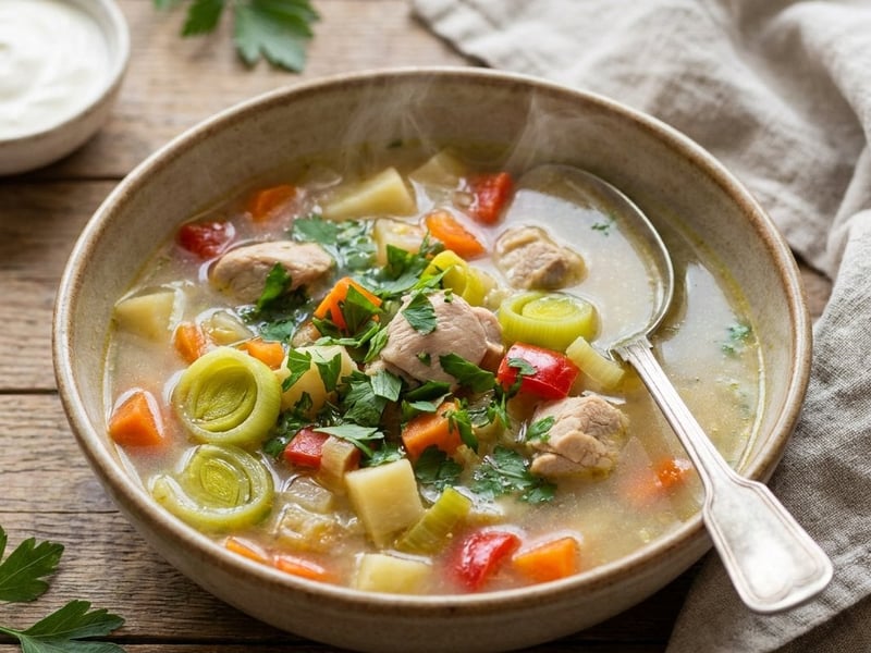 Chicken soup with leek and borș | Flavorful and tangy